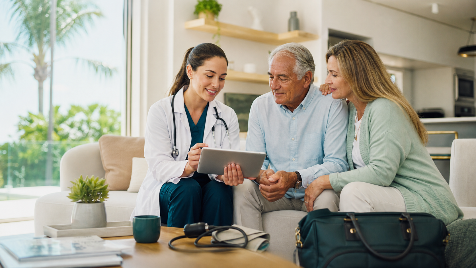Clinician reviewing a primary-care and wound-care plan with a patient and caregiver